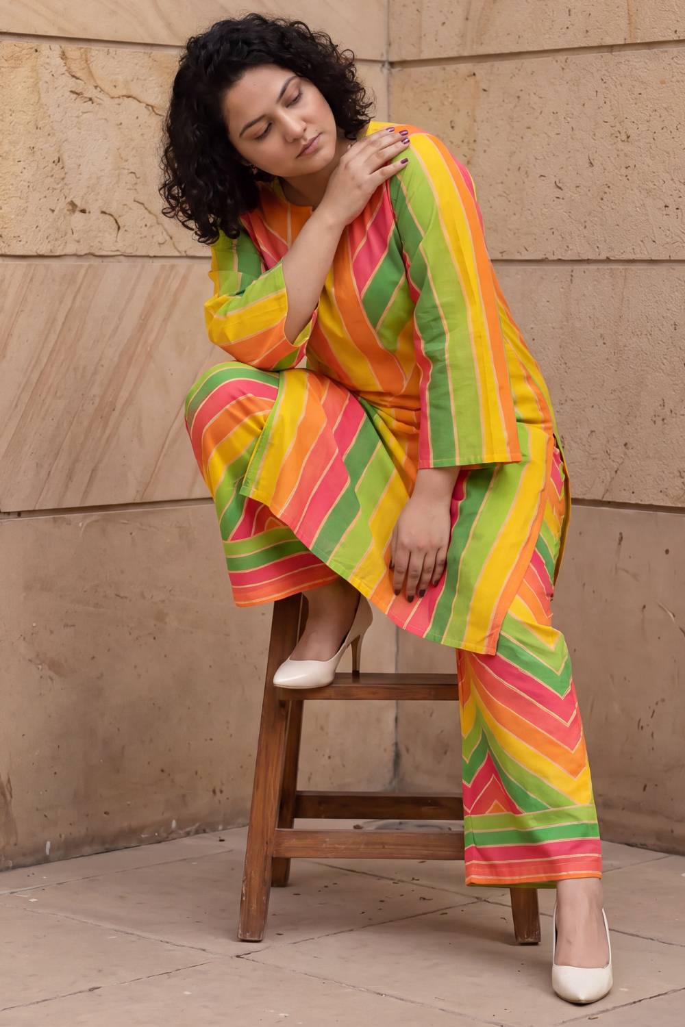 Plus Size Multicolor Abstract Print Cotton Kurta Coord Set
