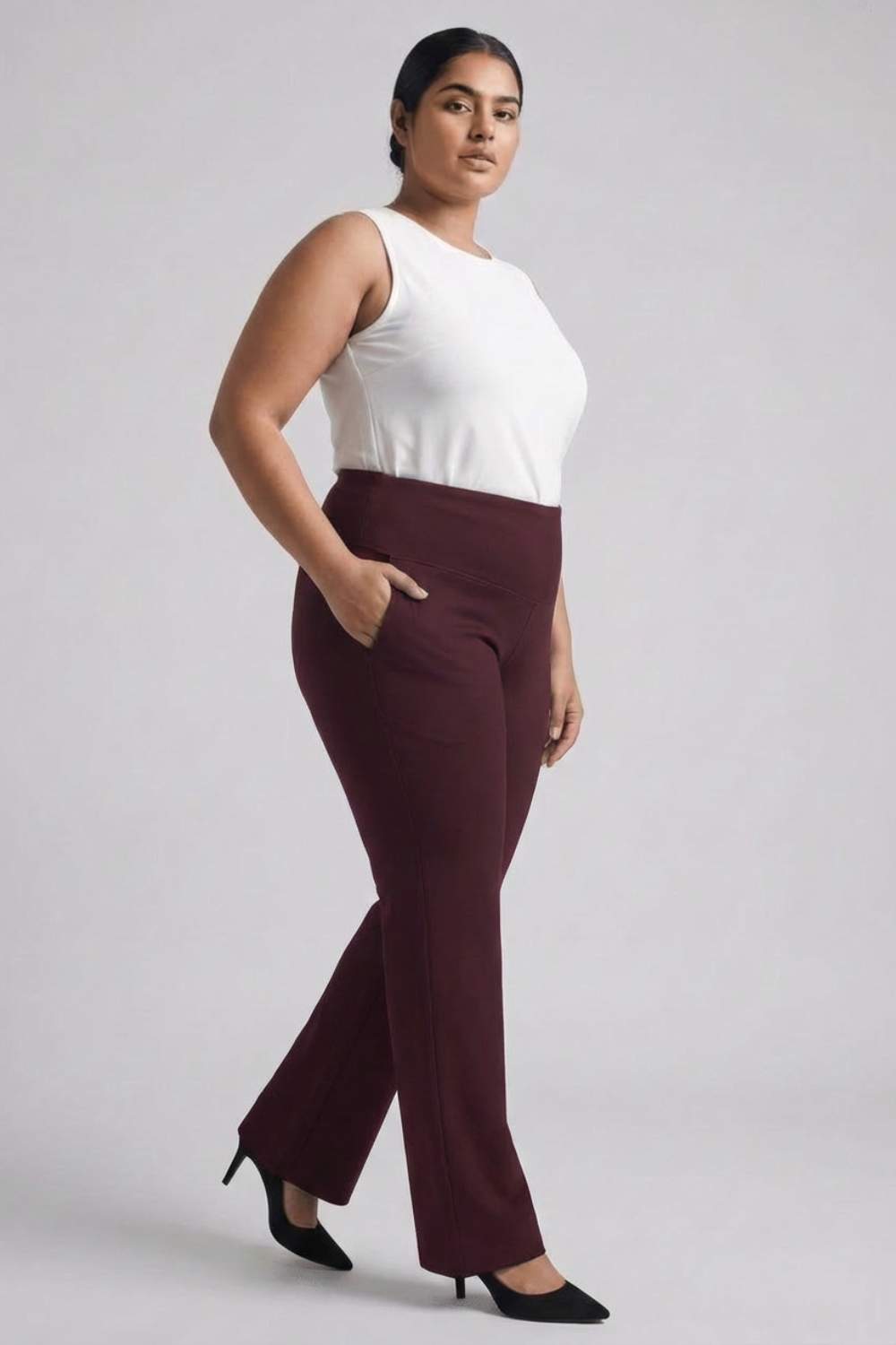 Plus Size Wine Red Tummy Shaper Flare Pants