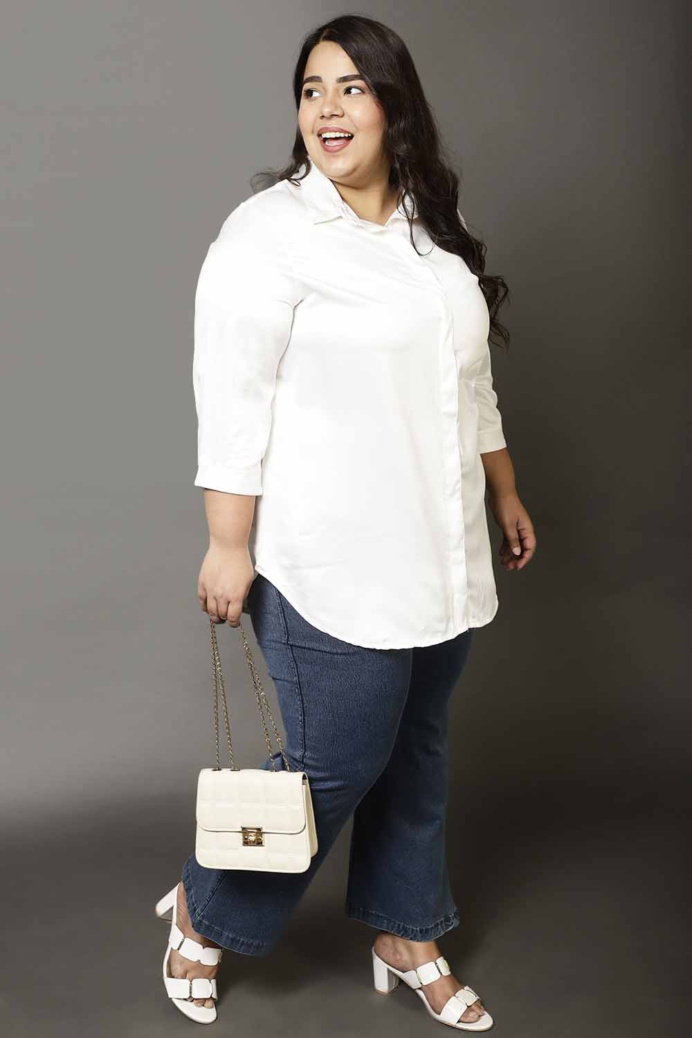 Buy Plus Size White Satin Shirt