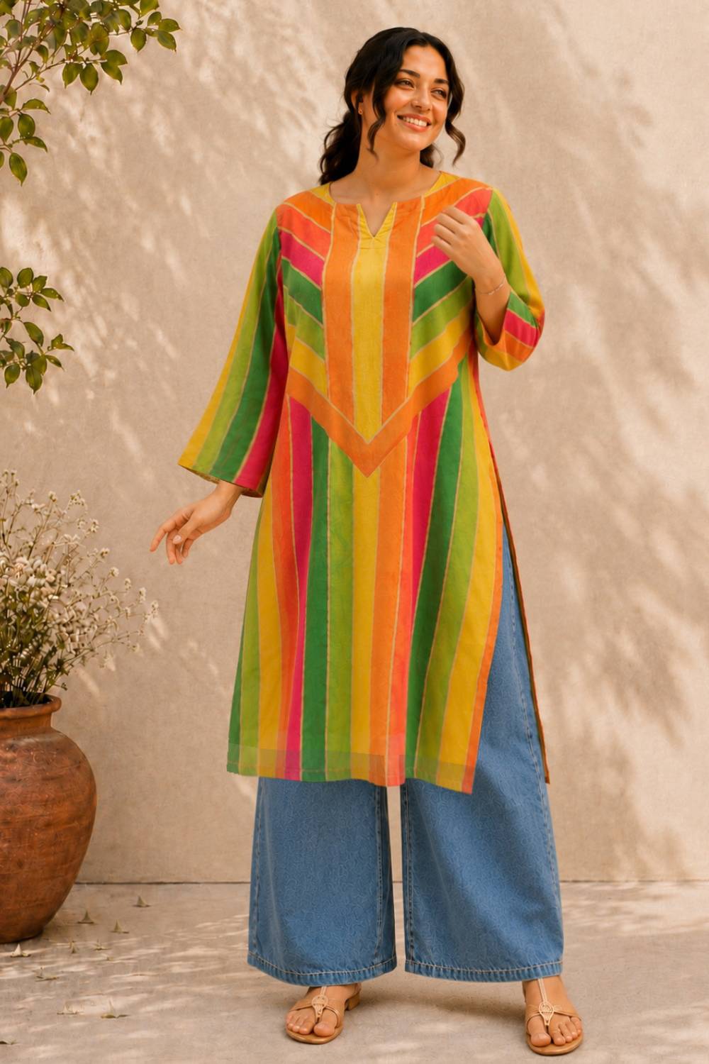 Plus Size Multicolor Abstract Print Cotton Kurta