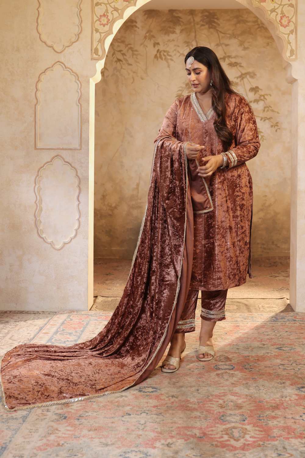 Plus Size Mocha Brown Velvet V Neck Suit Set