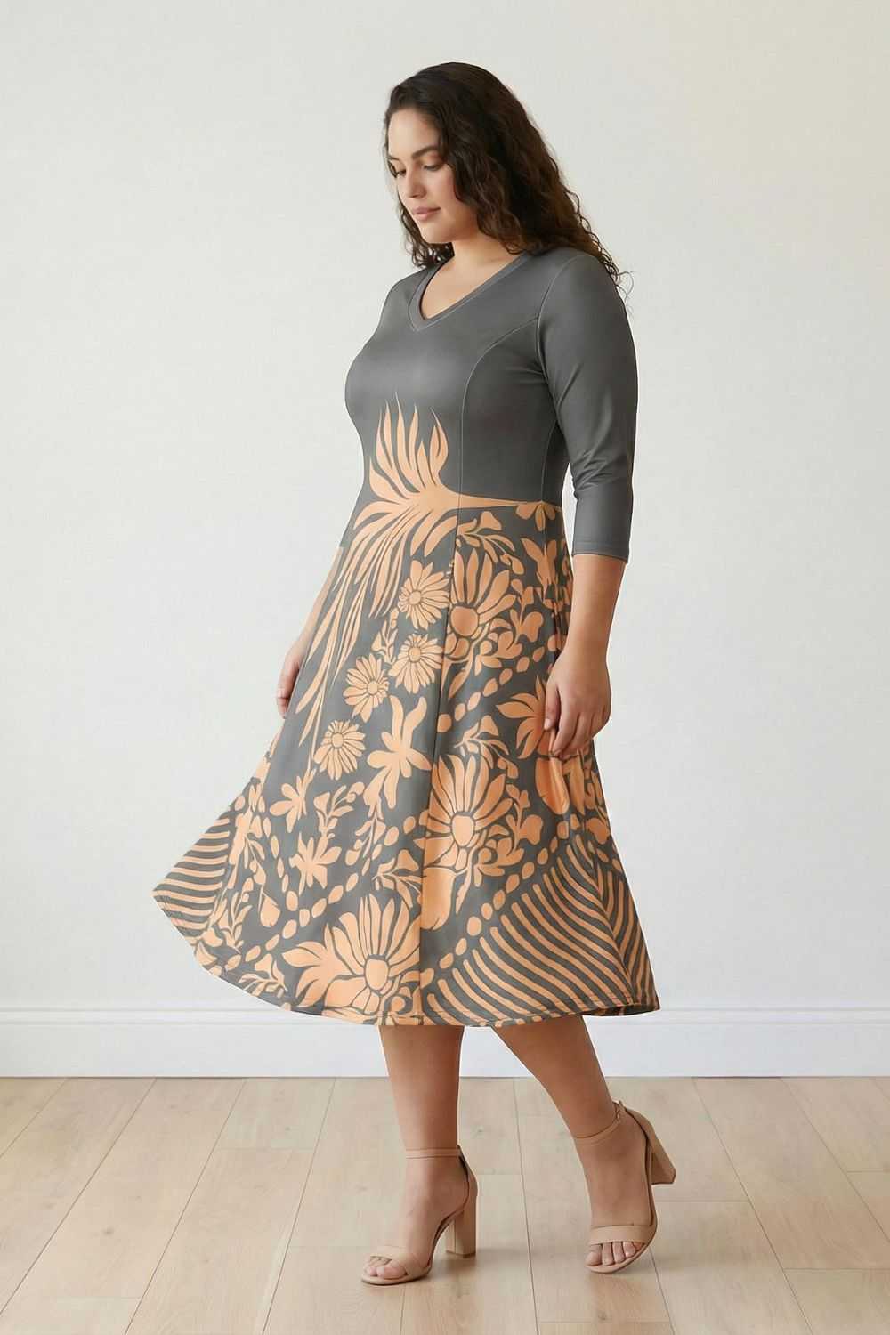 Plus Size Beige Green Ethnic Print A line Dress