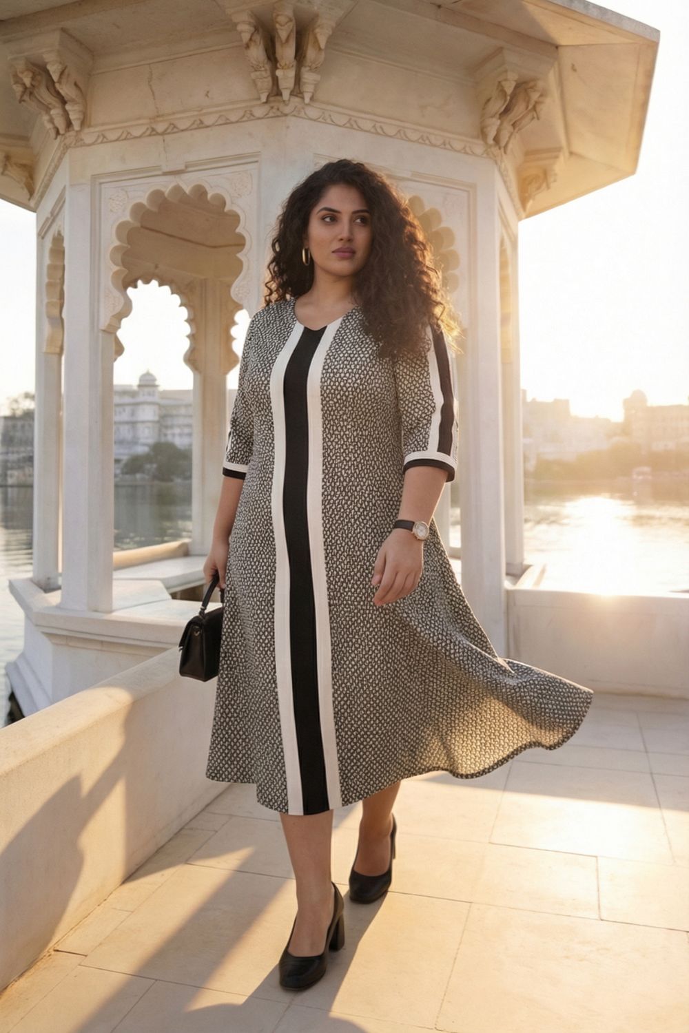 a line dress for fat women Plus Size Black Geometric Print Knee Length,Short Mini Royal Color:Lavender yellow flr 情人节 This plus size midi