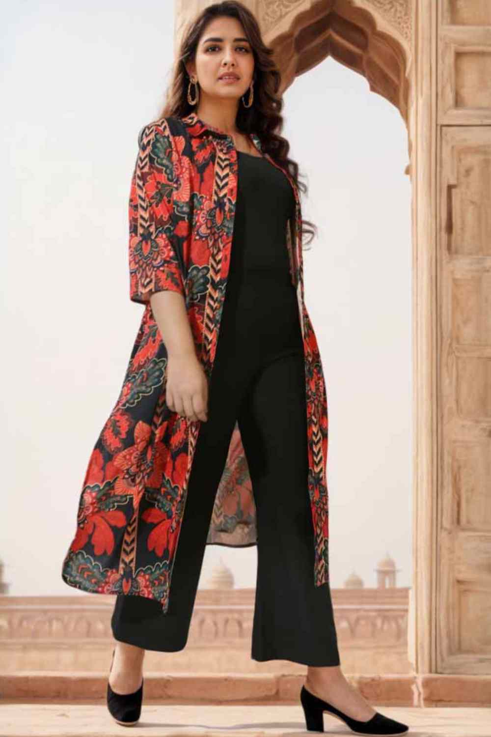 Plus Size Black Tropical Print Kurta Cum Shrug