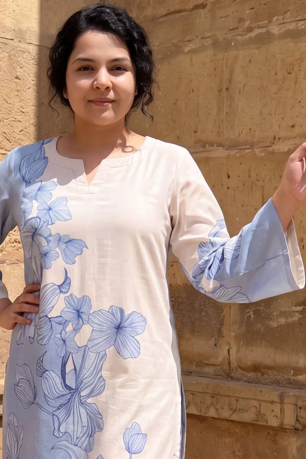 Plus Size Blue Floral Print Cotton Kurta Coord Set