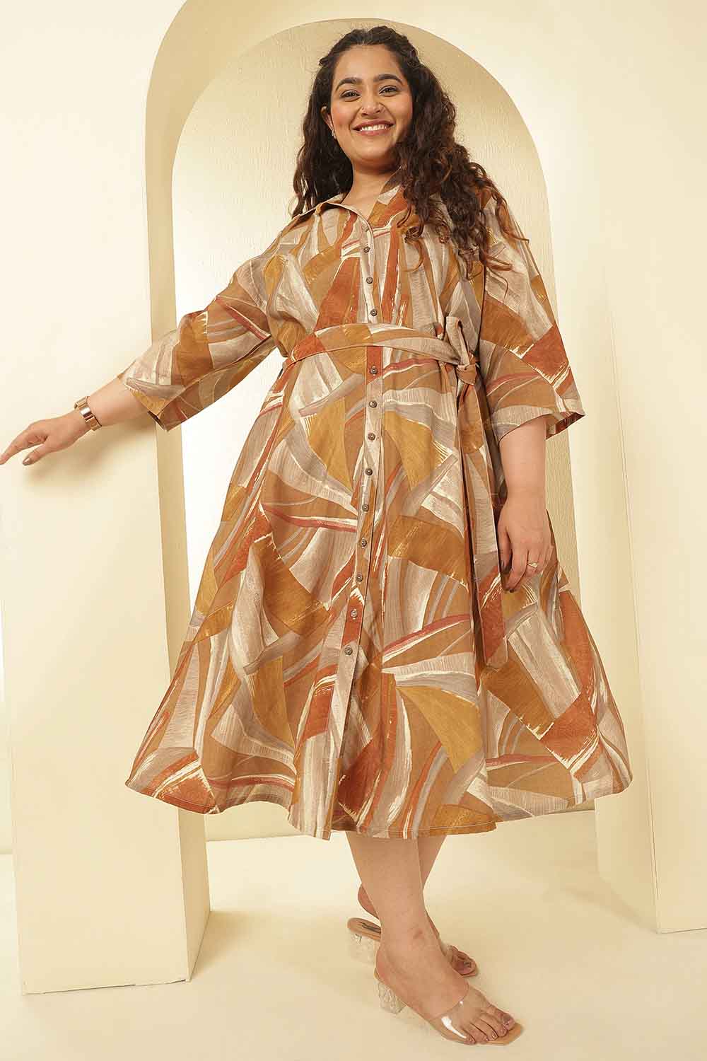 Plus Size Plus Size Brown Printed Rayon Muslin Shirt Dress