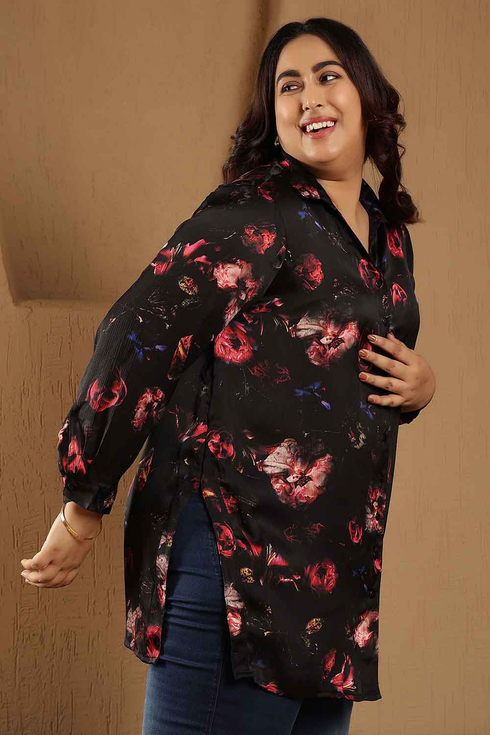 Plus Size Black Floral Print High Slit Longline Satin Shirt for Women