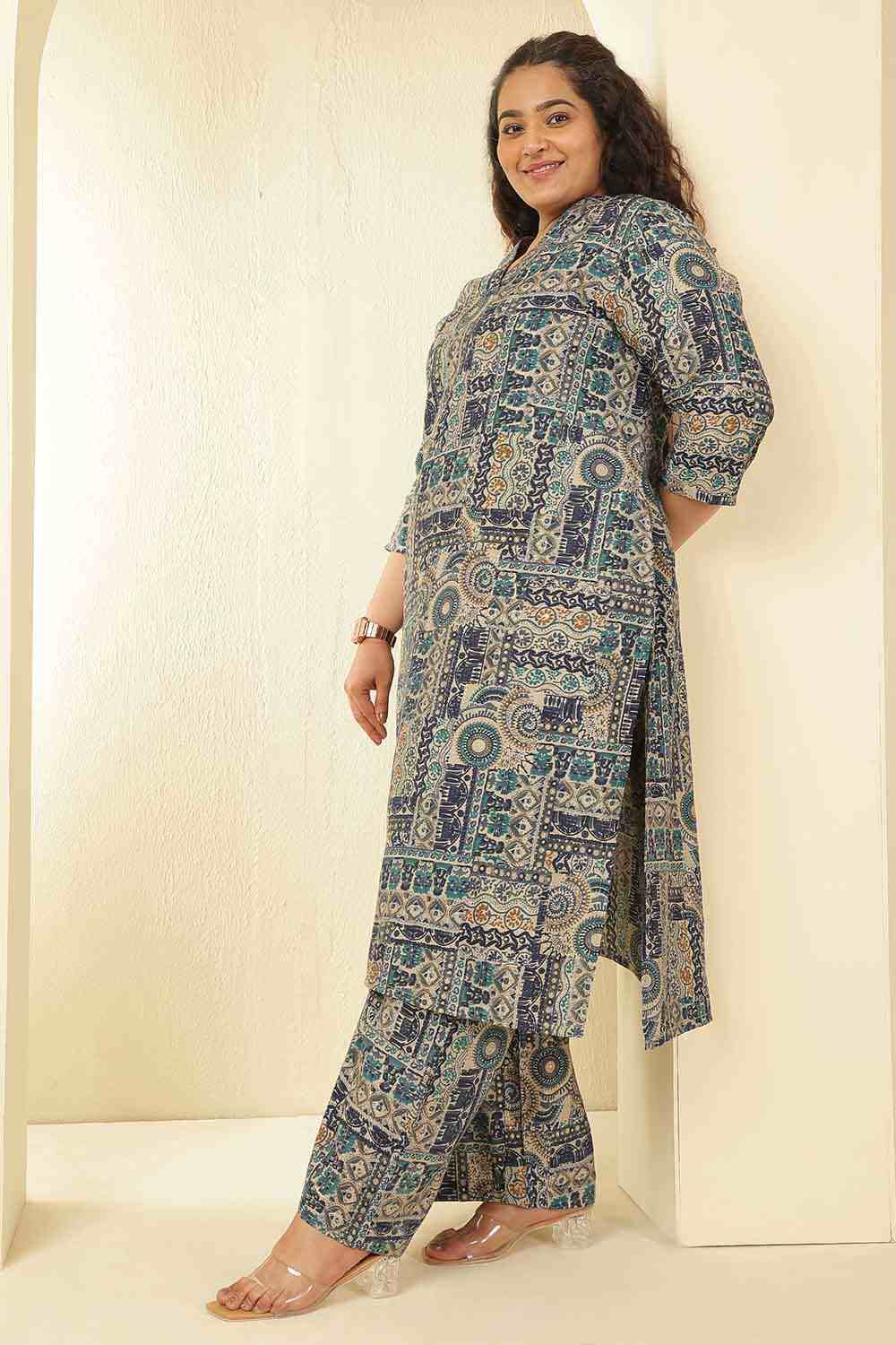 Plus Size Blue Ethnic Print Rayon Muslin Kurta Coord Set