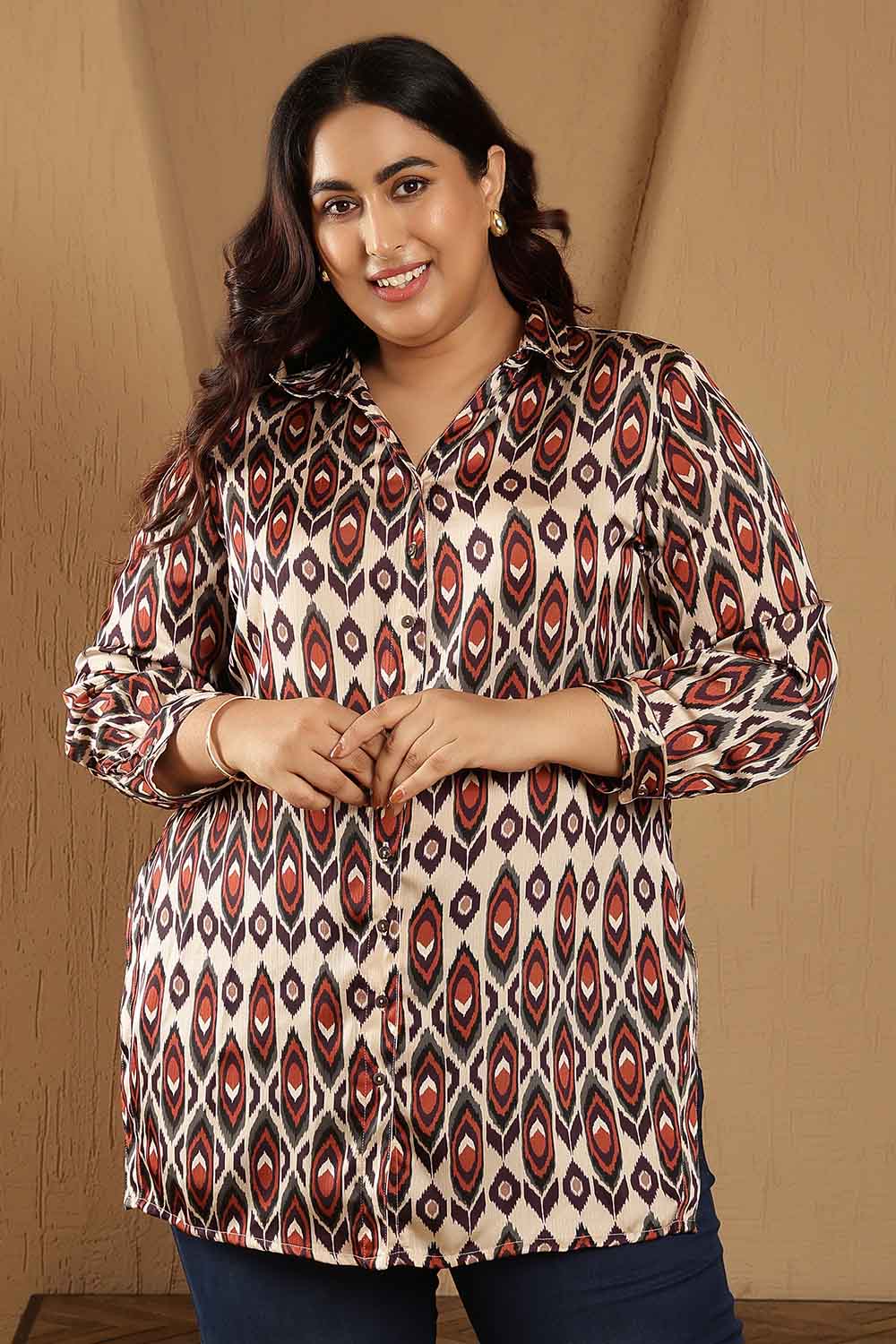 Plus Size Beige Ikat Print High Slit Longline Satin Shirt for Women
