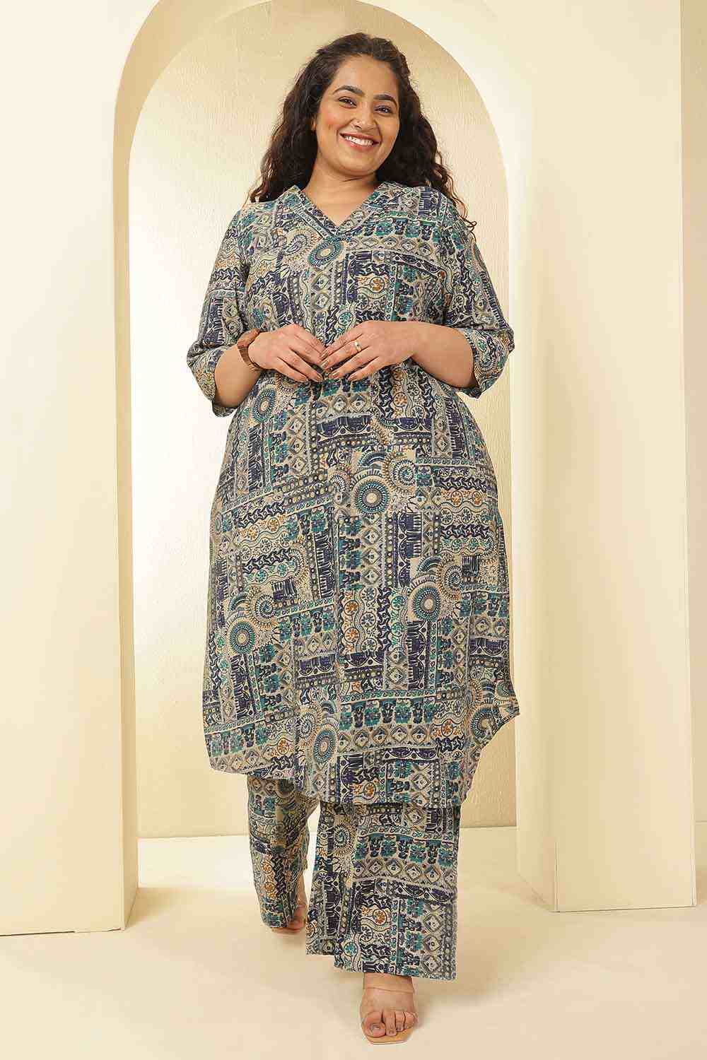 Plus Size Blue Ethnic Print Rayon Muslin Kurta Coord Set