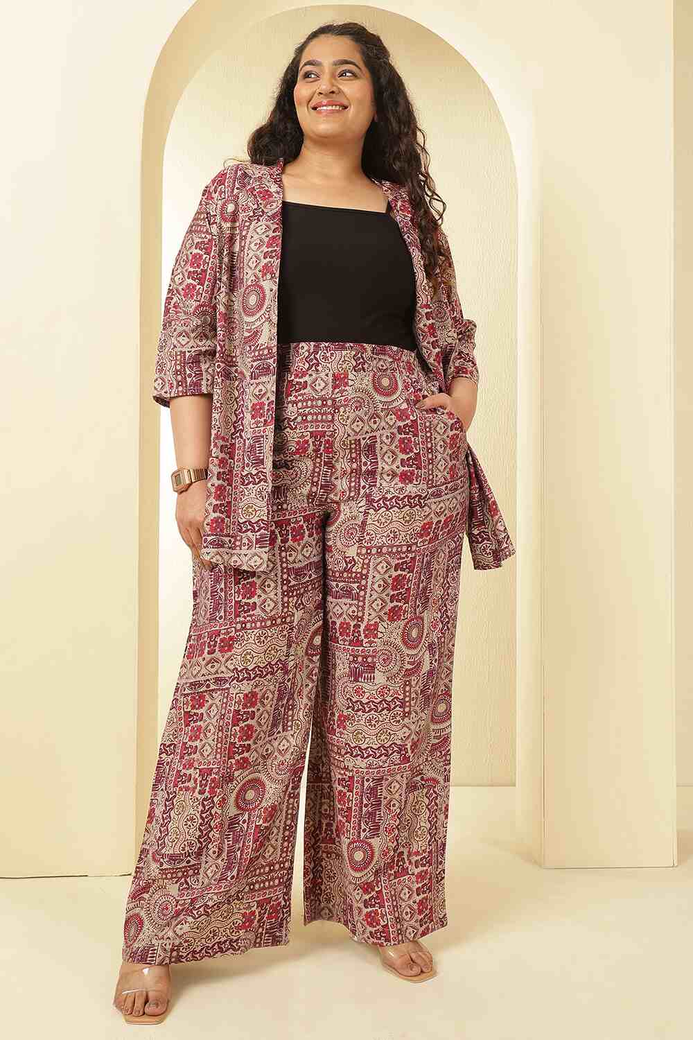 Plus Size Maroon Ethnic Print Rayon Muslin Shirt Coord Set