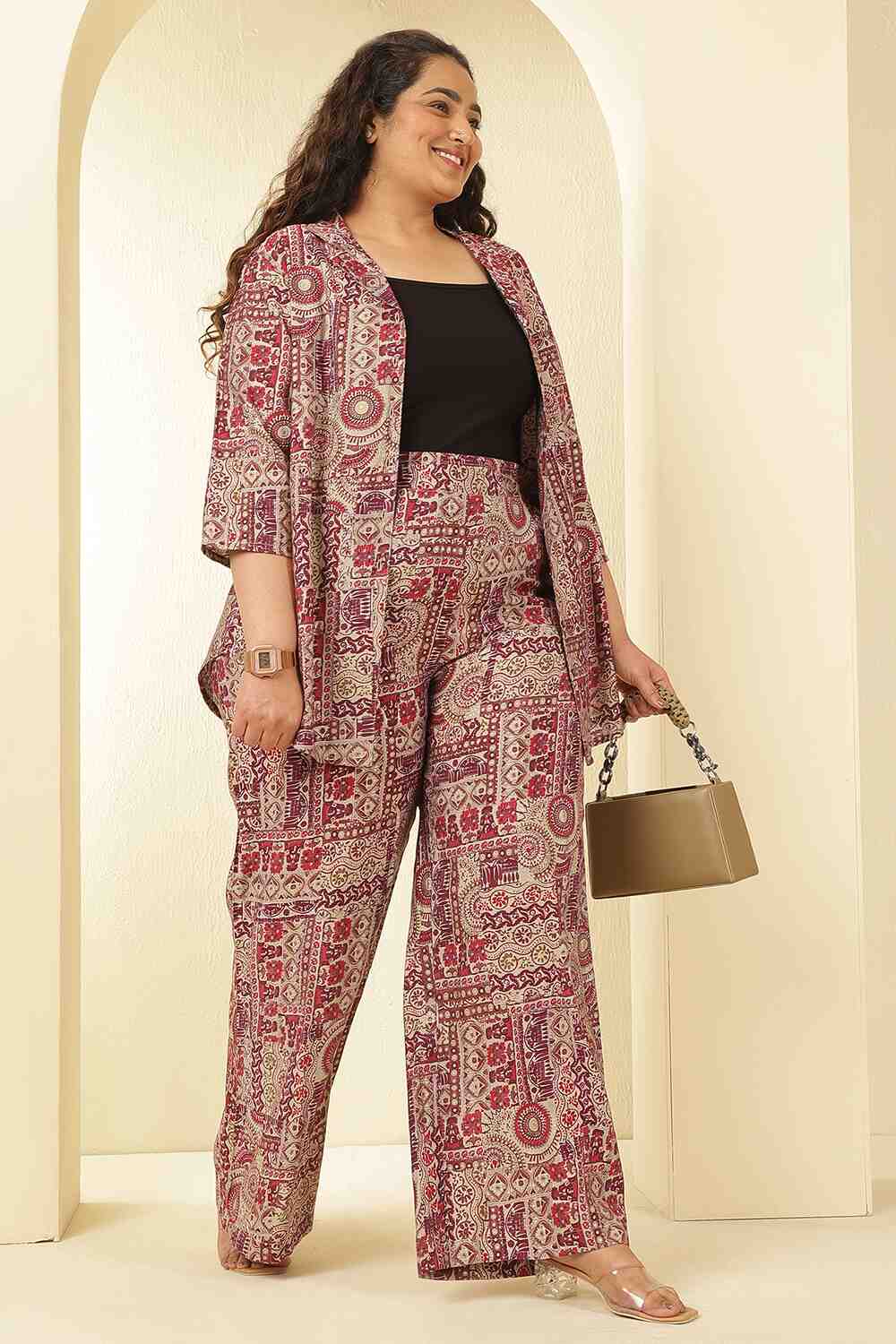 Plus Size Maroon Ethnic Print Rayon Muslin Shirt Coord Set