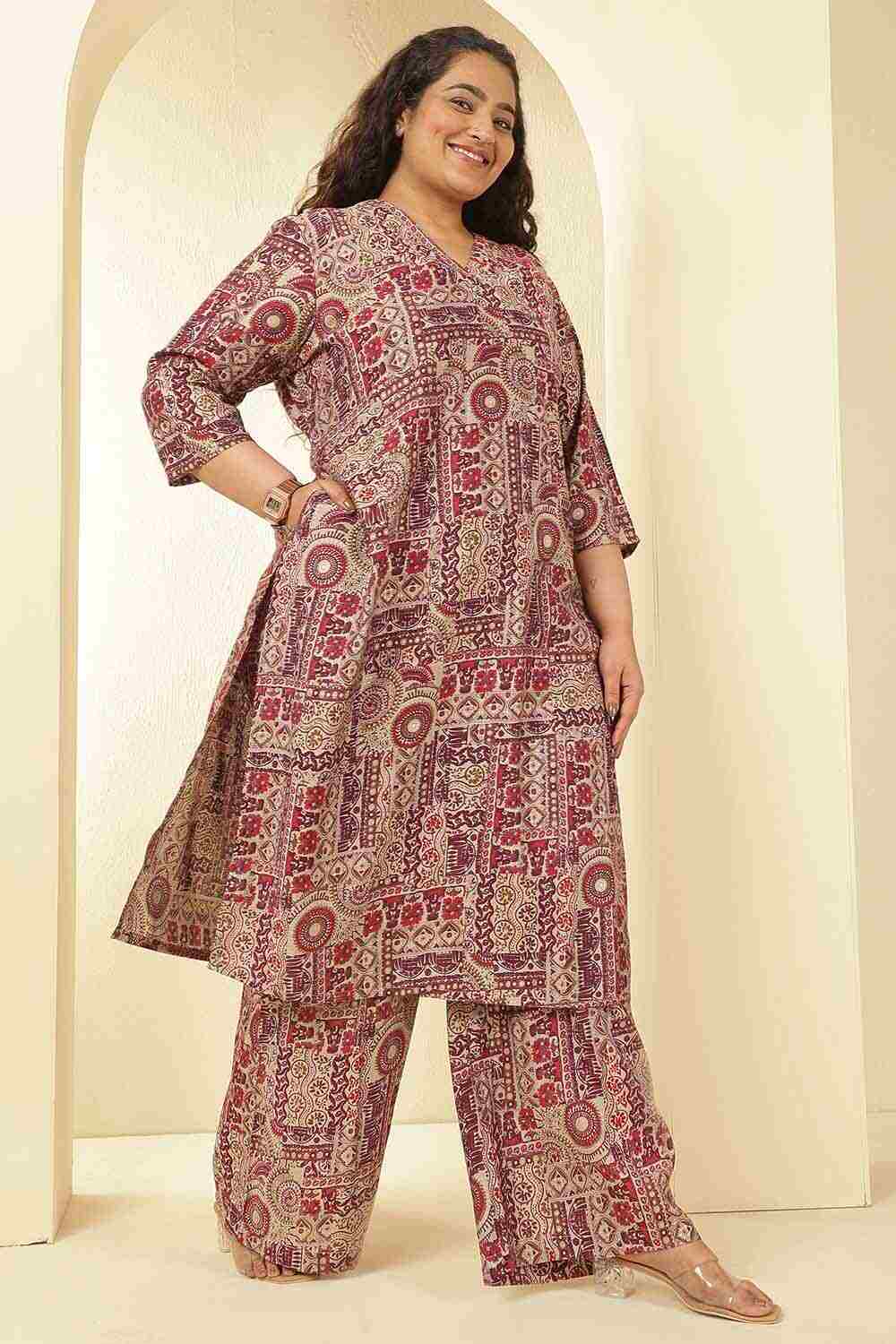 Plus Size Maroon Ethnic Print Rayon Muslin Kurta Coord Set