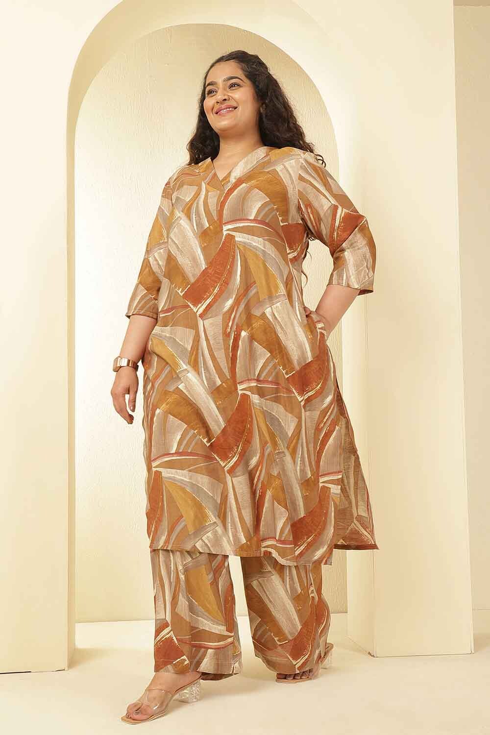 Plus Size Brown Printed Rayon Muslin Kurta Coord Set