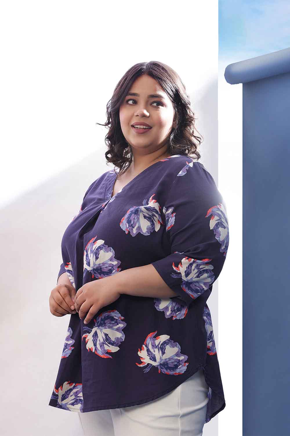 Plus Size Dark Blue Floral Print V Neck Top