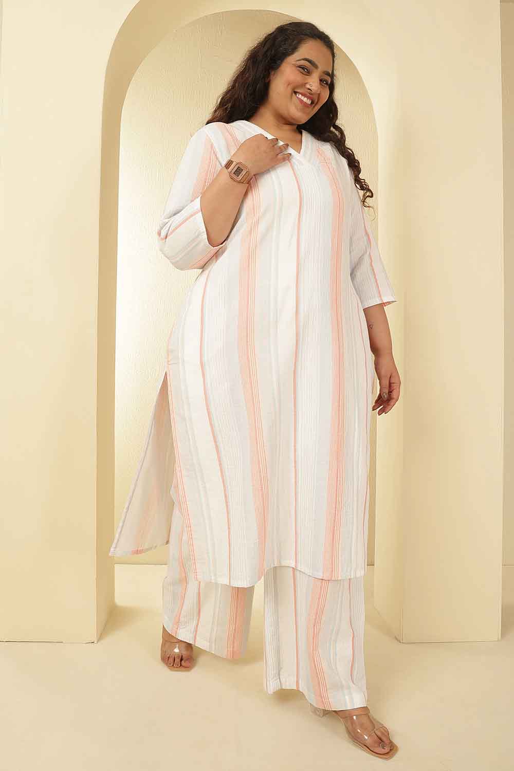 Plus Size White & Pink Striped Cotton Kurta Coord Set
