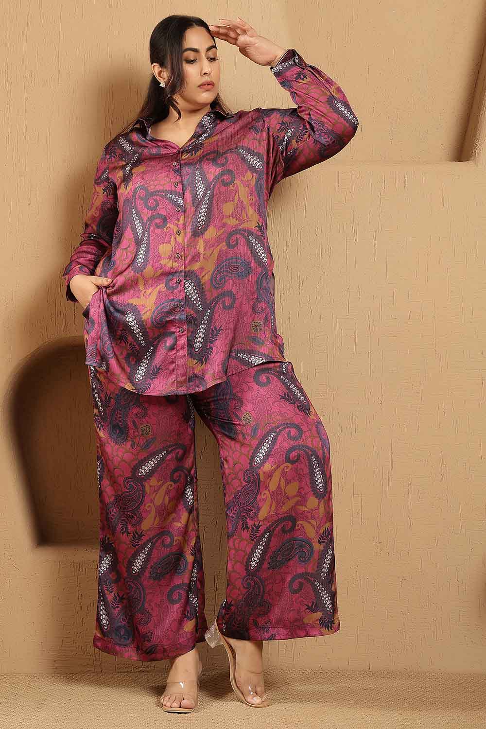 Buy Plus Size Magenta Paisley Print Shirt Satin Coord Set