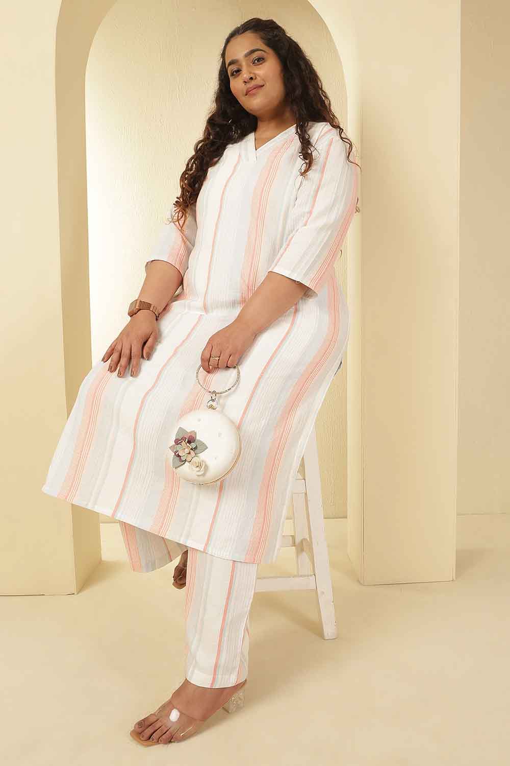 Plus Size White & Pink Striped Cotton Kurta Coord Set