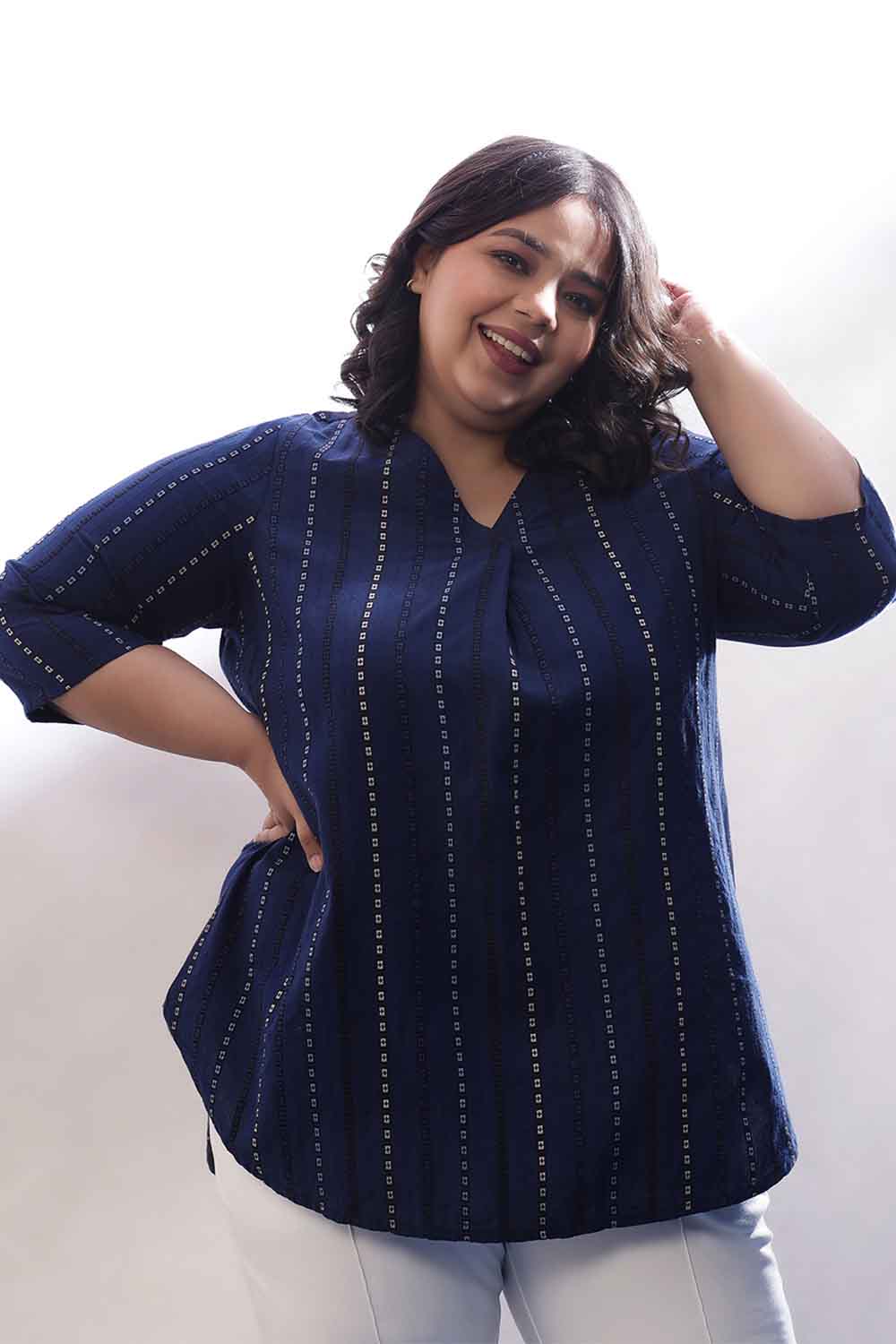 Buy Plus Size Blue Weave Work V Neck Cotton Top