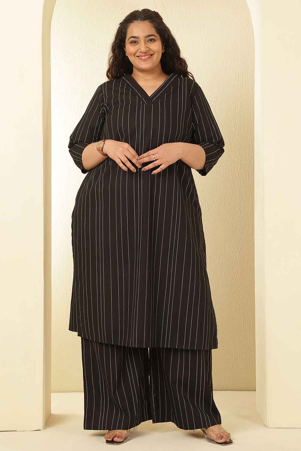 Plus Size Black Stripe Cotton V Neck Kurta Coord Set