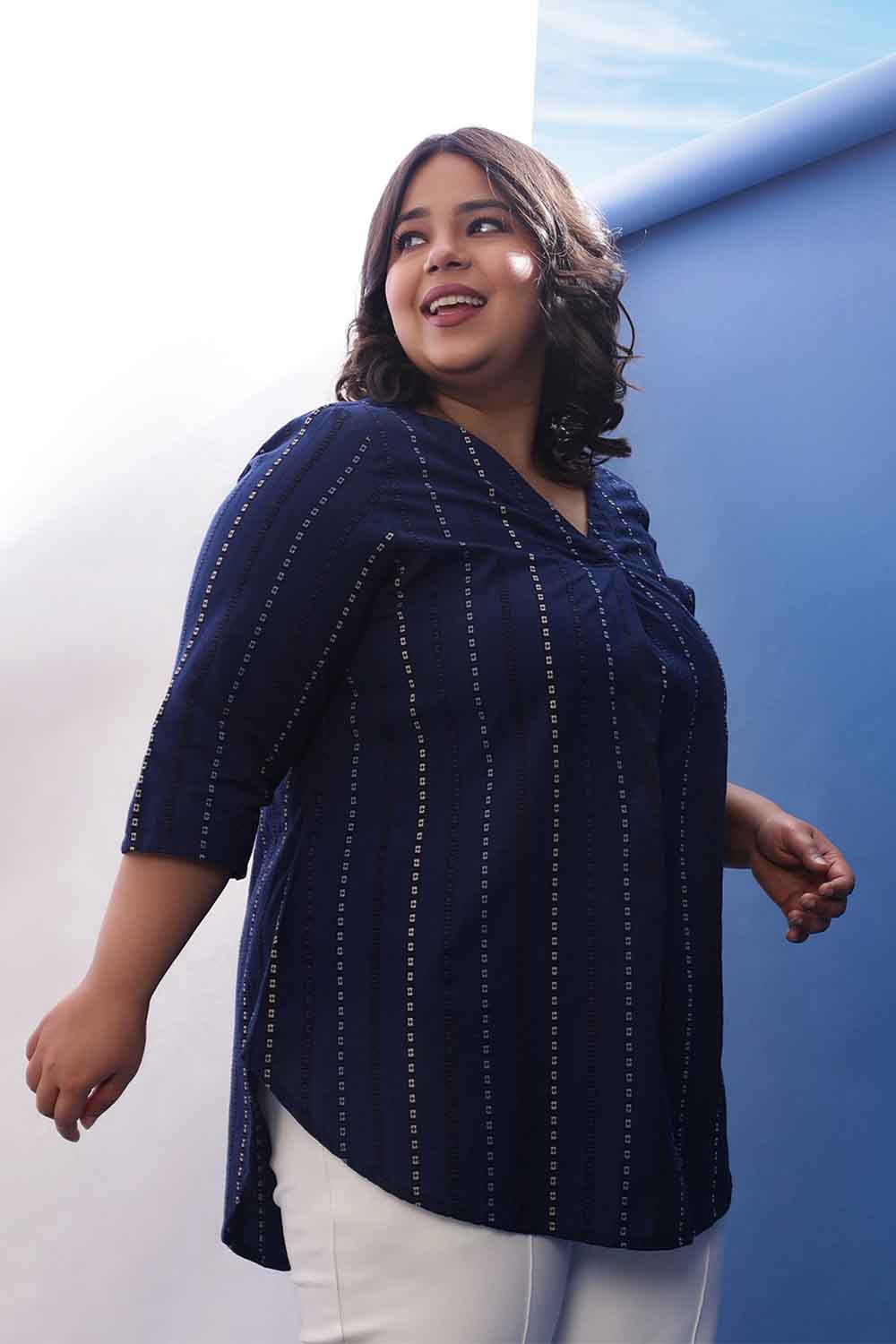 Plus Size Blue Weave Work V Neck Cotton Top for Women