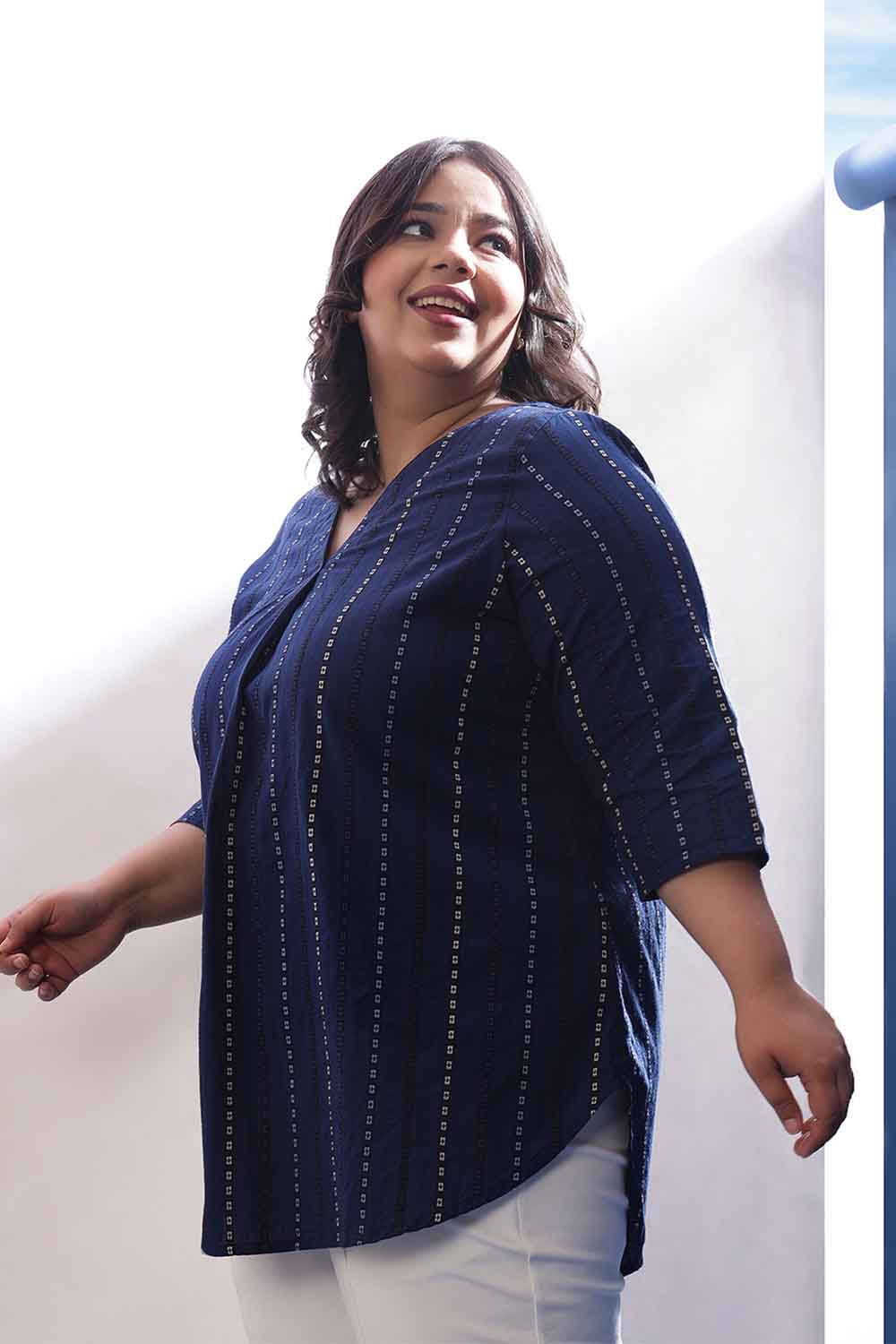 Plus Size Blue Weave Work V Neck Cotton Top