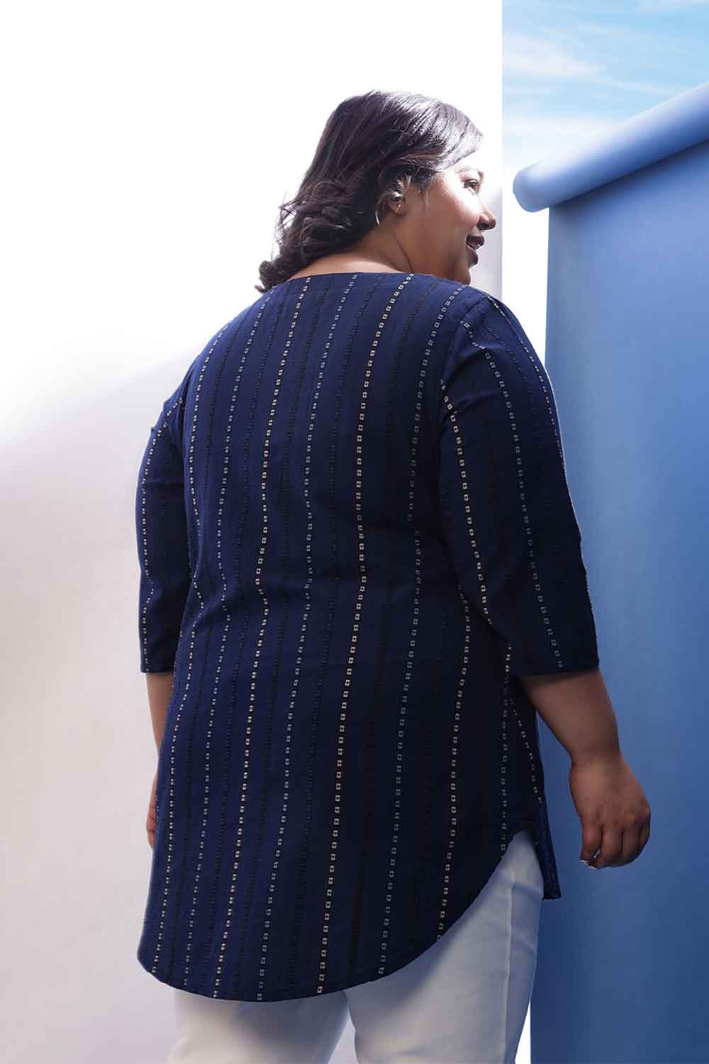 Plus Size Blue Weave Work V Neck Cotton Top