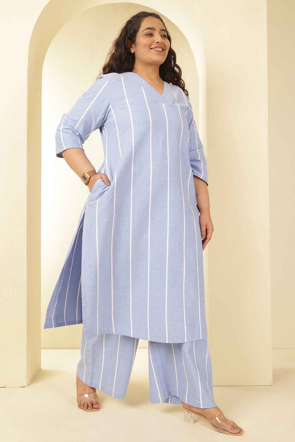 Plus Size Blue Striped Chambray V Neck Kurta Coord Set