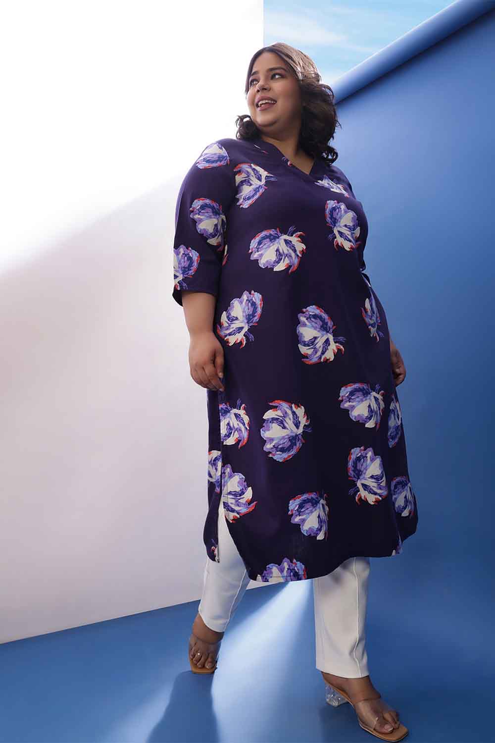 Comfortable Plus Size Dark Blue Floral Print V Neck Kurta