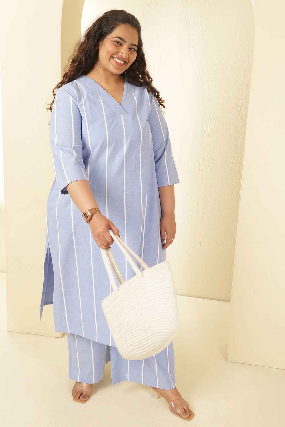 Plus Size Blue Striped Chambray V Neck Kurta Coord Set