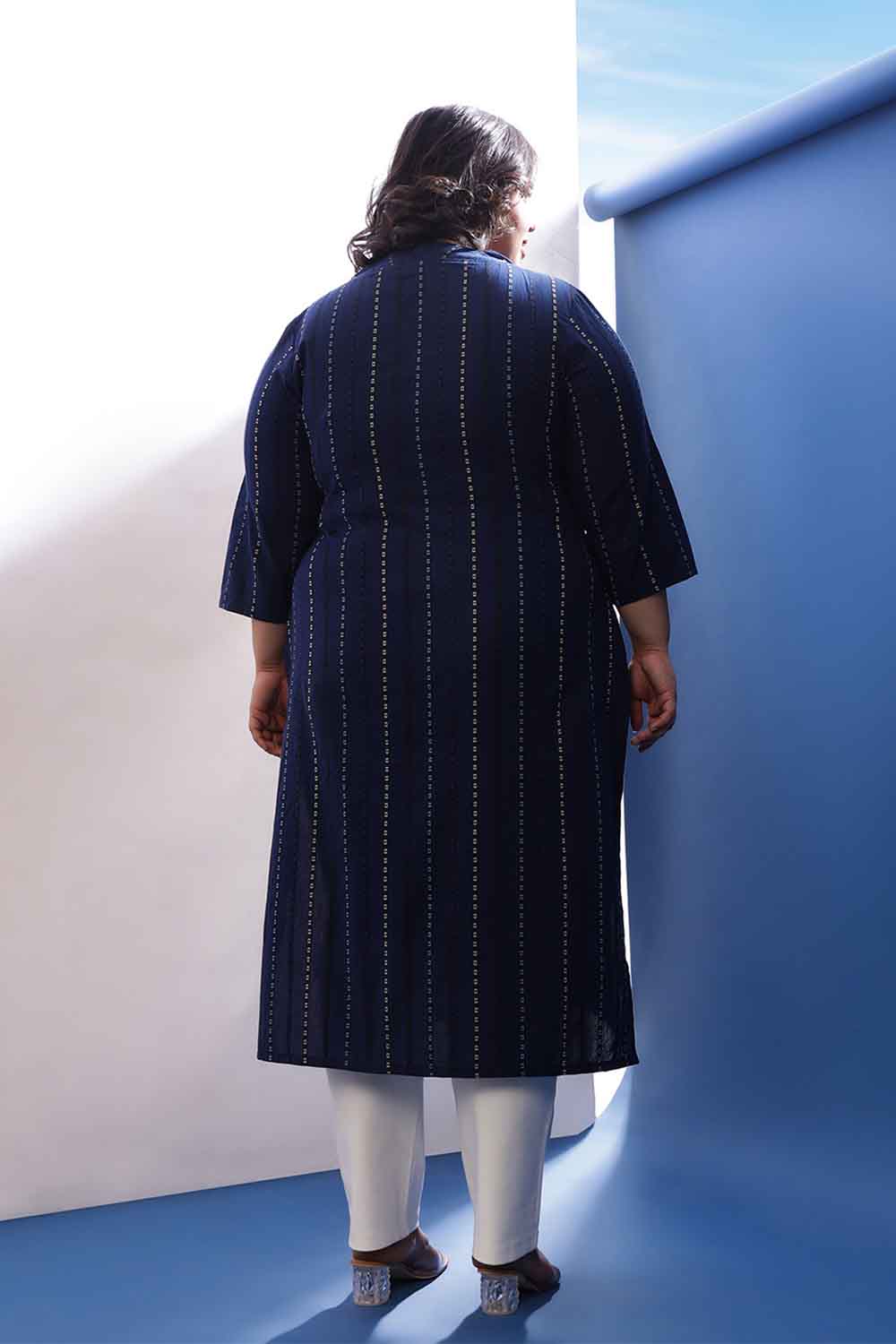 Comfortable Plus Size Blue Weave Work V Neck Cotton Kurta