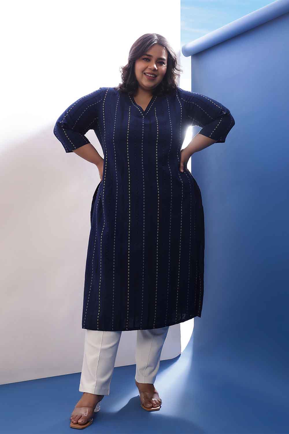 Plus Size Blue Weave Work V Neck Cotton Kurta