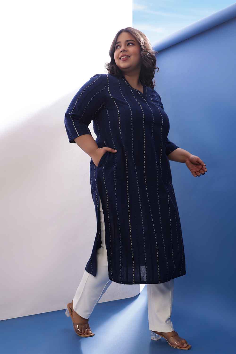 Plus Size Blue Weave Work V Neck Cotton Kurta for Women