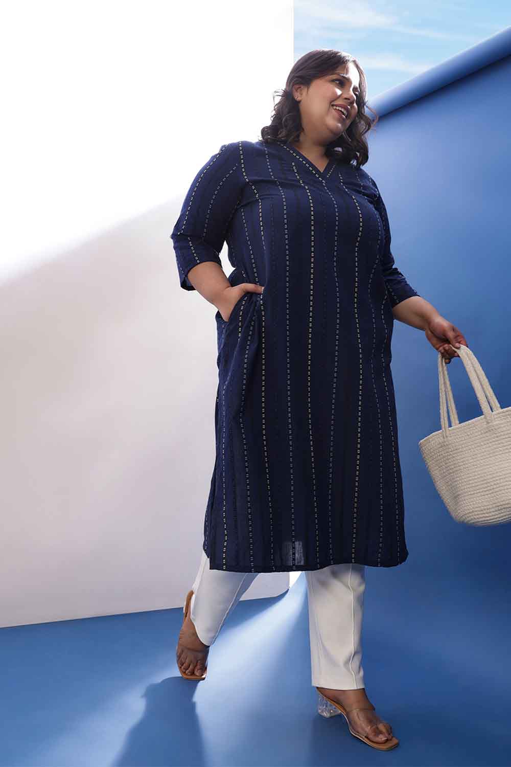 Plus Size Blue Weave Work V Neck Cotton Kurta