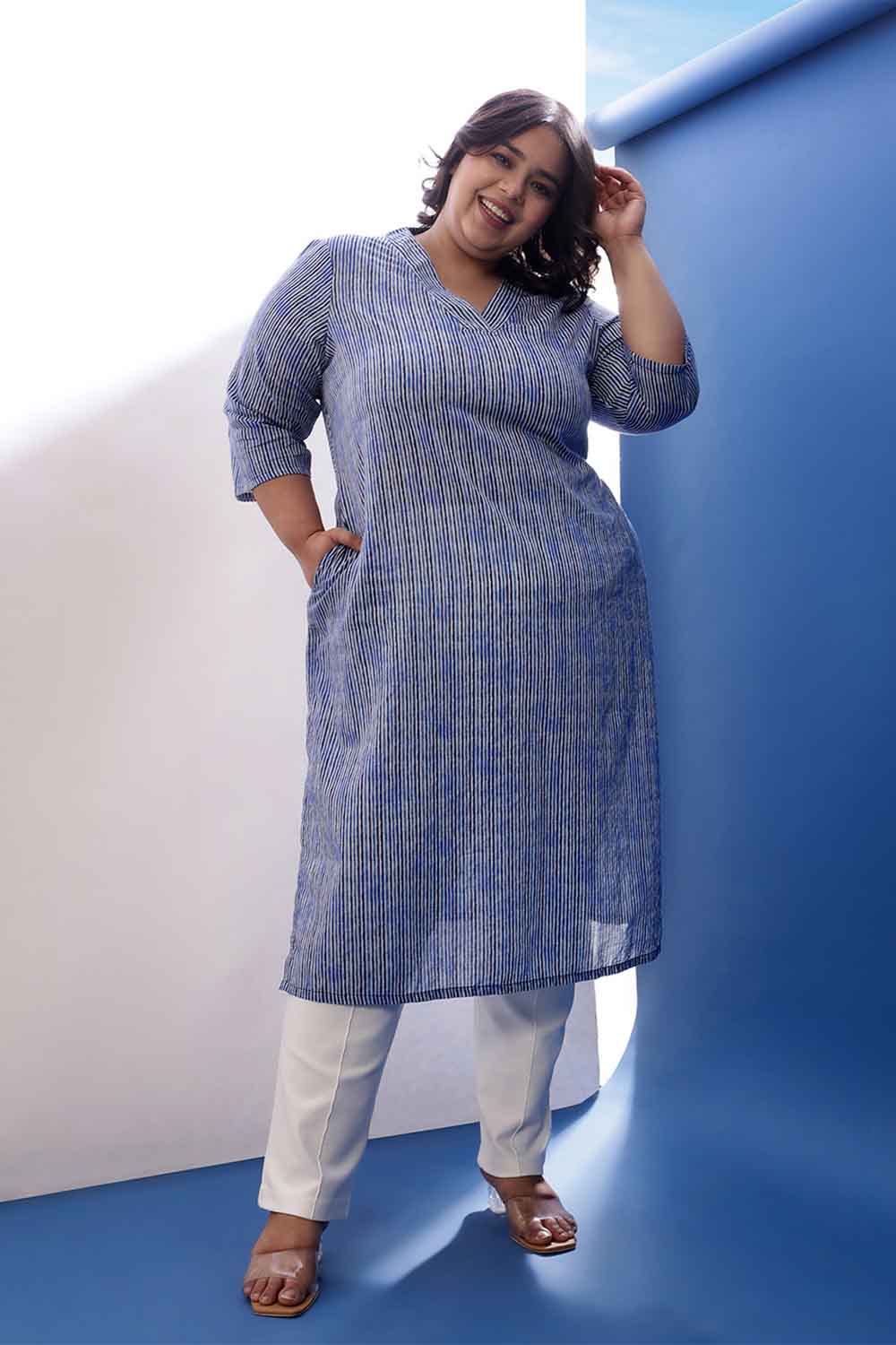 Plus Size Indigo Striped V Neck Cotton Kurta