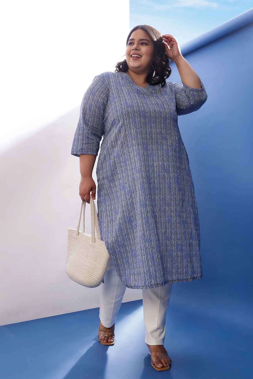 Plus Size Indigo Striped V Neck Cotton Kurta