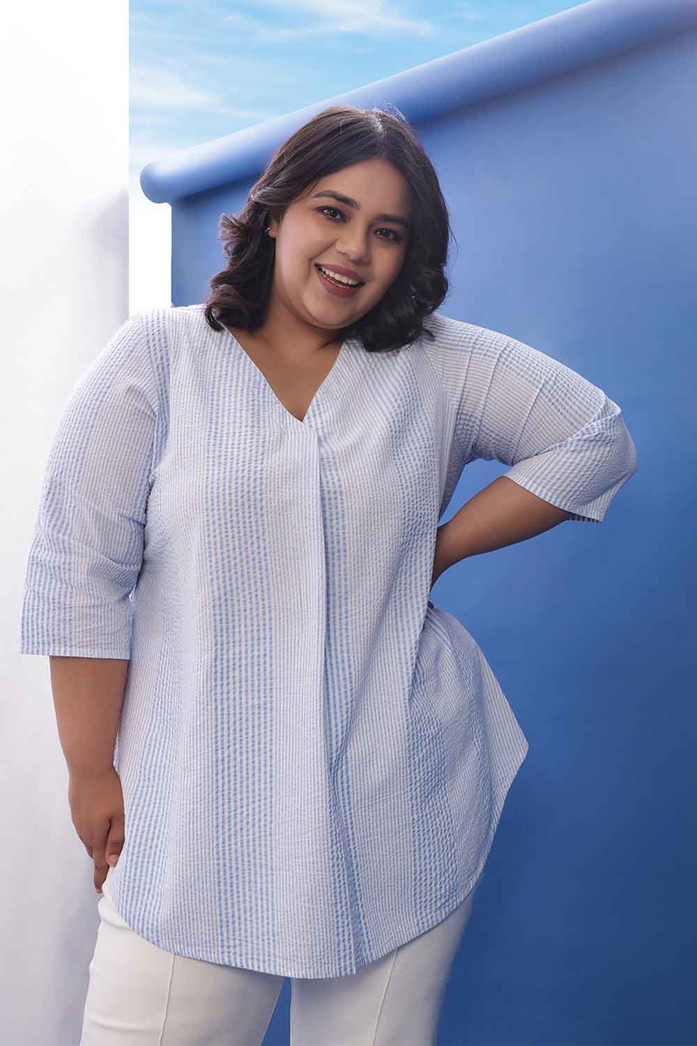 Plus Size Light Blue Striped V-Neck Cotton Top