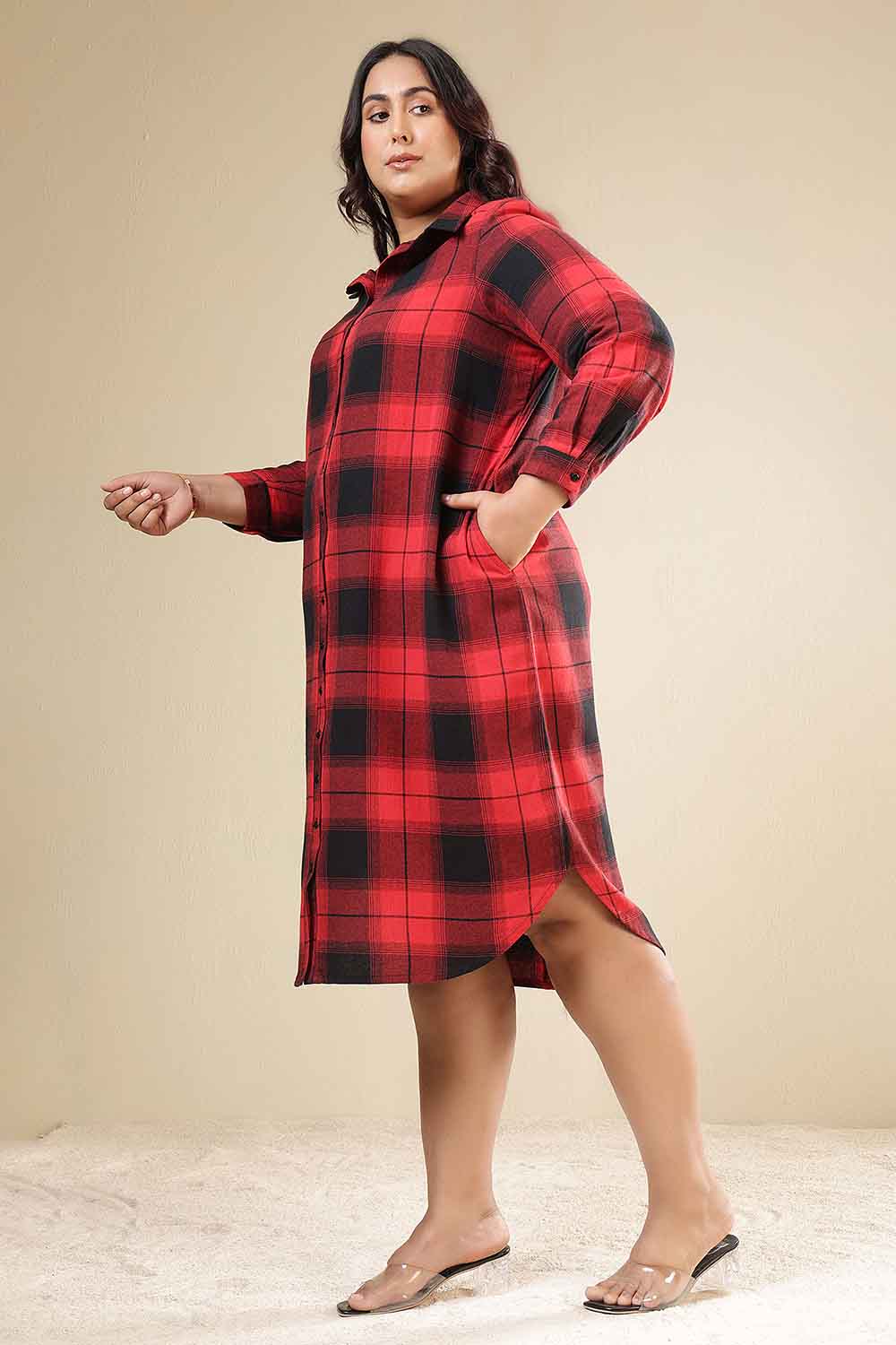 Plus Size Red & Black Check Cotton Flannel Shirt Dress for Women