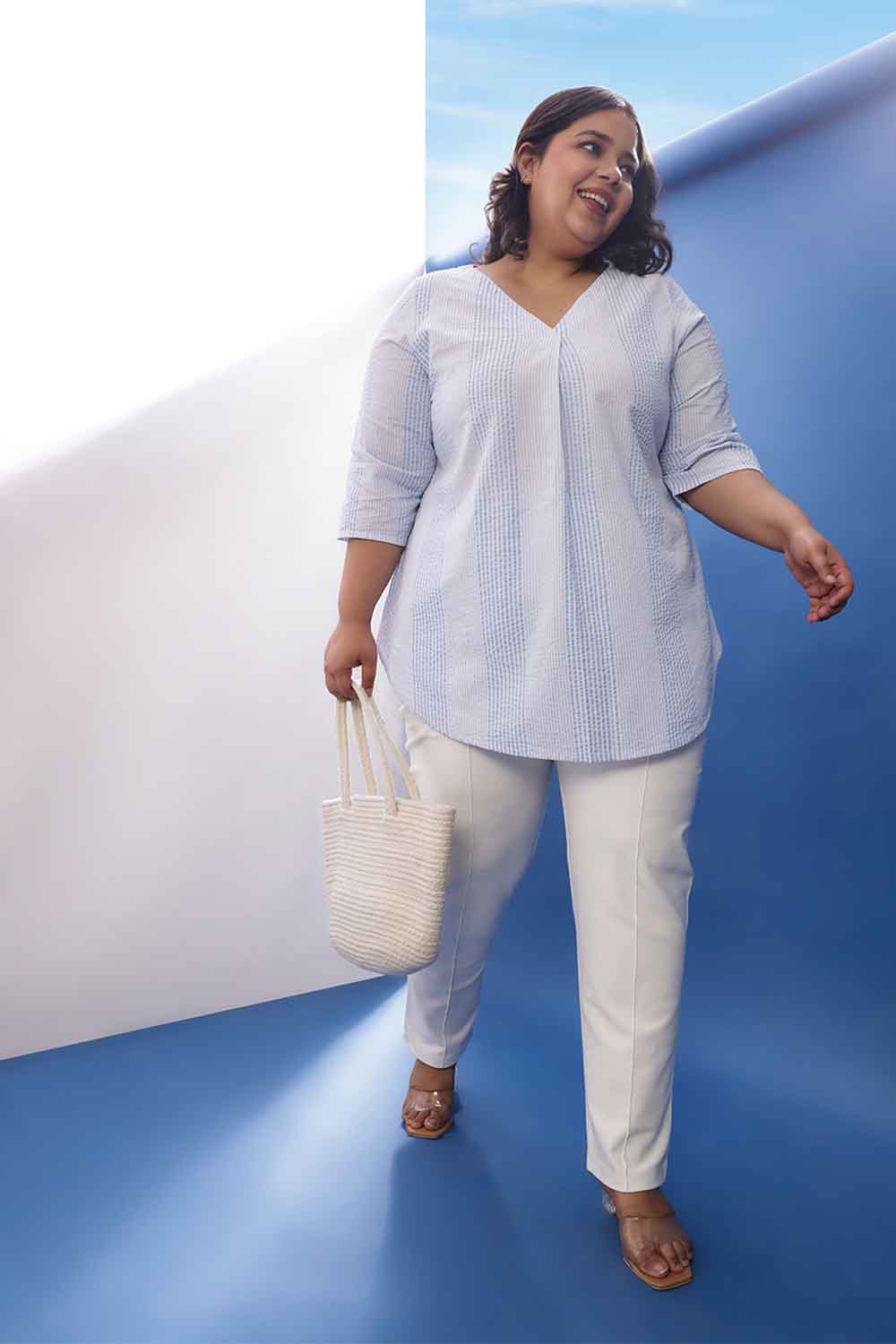 Buy Plus Size Light Blue Striped V-Neck Cotton Top