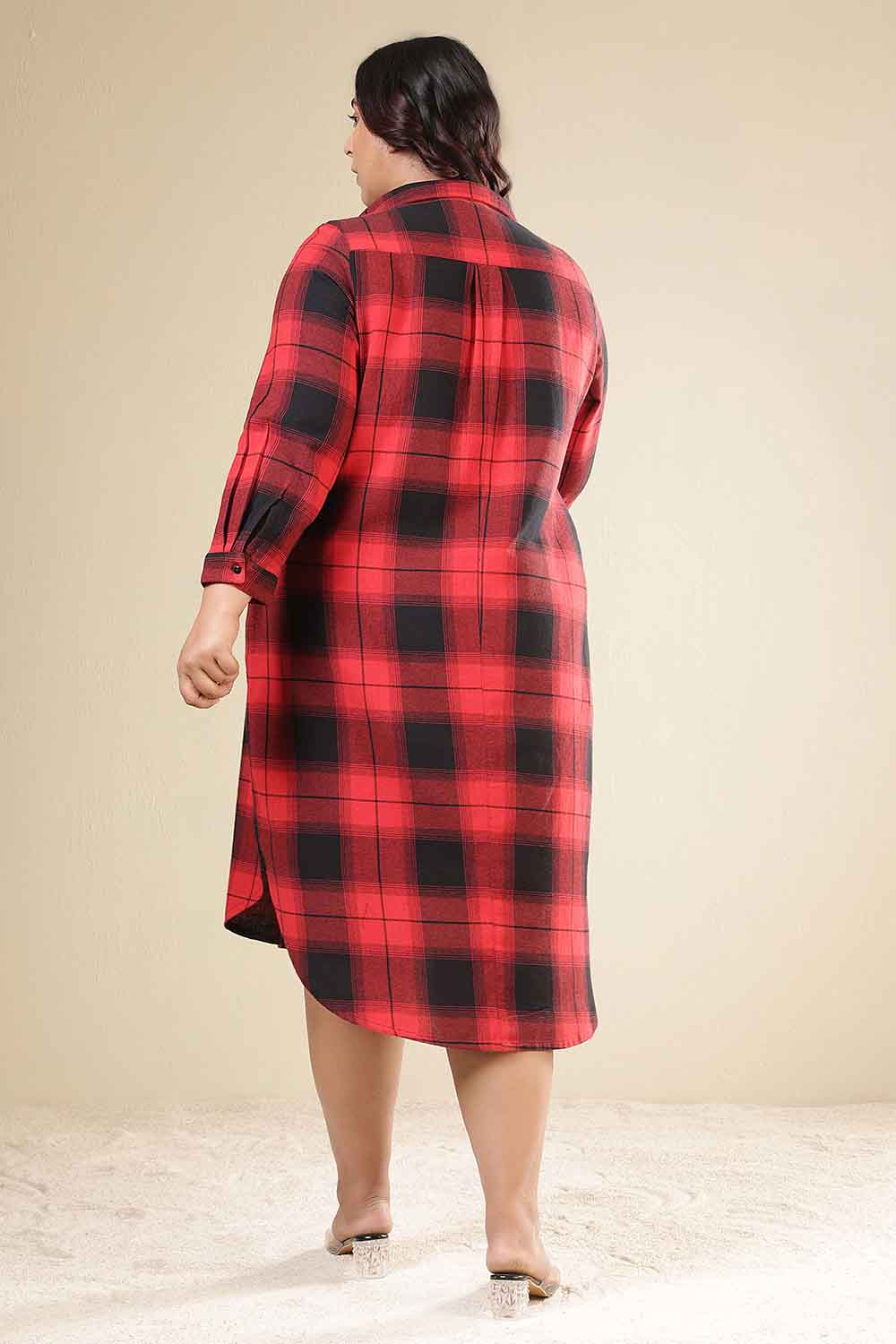 Plus Size Red & Black Check Cotton Flannel Shirt Dress