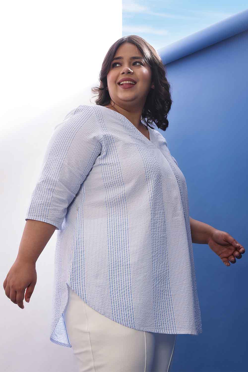 Plus Size Plus Size Light Blue Striped V-Neck Cotton Top