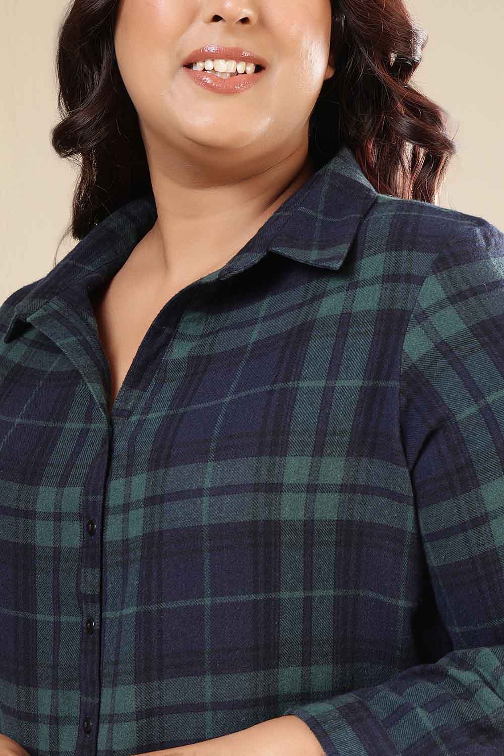 Plus Size Navy & Green Check Cotton Flannel Shirt Dress