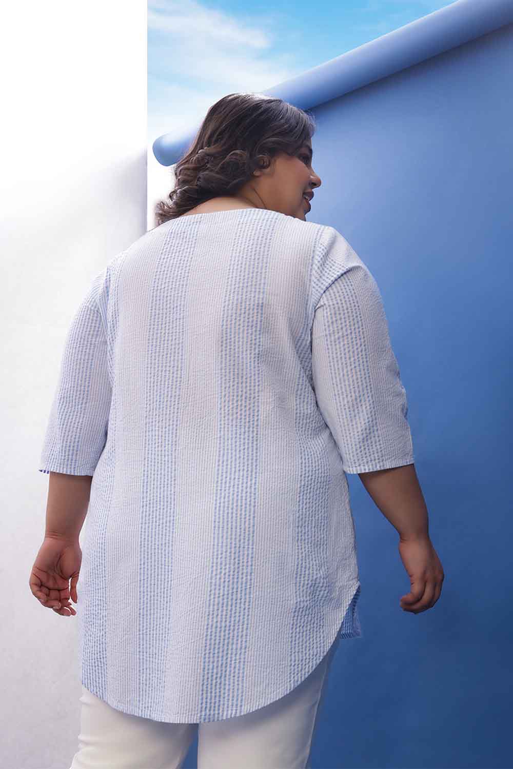 Comfortable Plus Size Light Blue Striped V-Neck Cotton Top