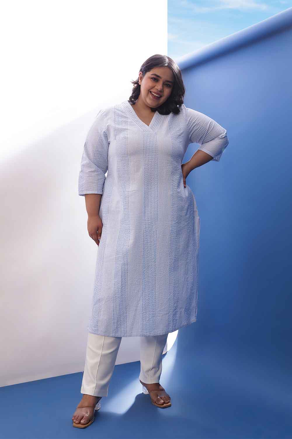 Plus Size Light Blue Striped V-Neck Cotton Kurta