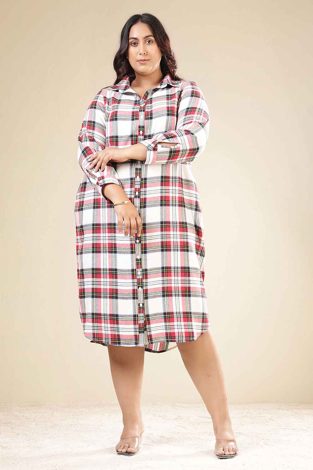 Plus Size Plus Size Red & White Checkered Cotton Flannel Shirt Dress