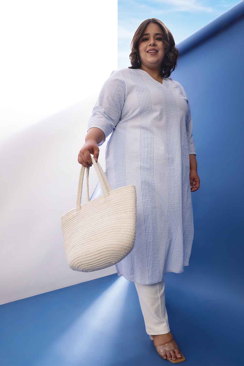 Plus Size Light Blue Striped V-Neck Cotton Kurta