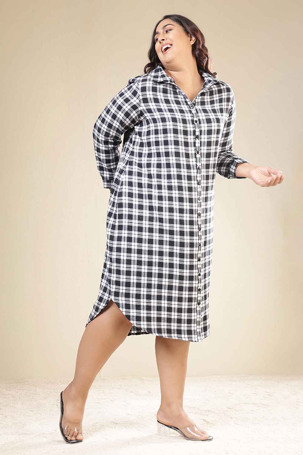 Comfortable Plus Size Black & White Check Cotton Flannel Shirt Dress