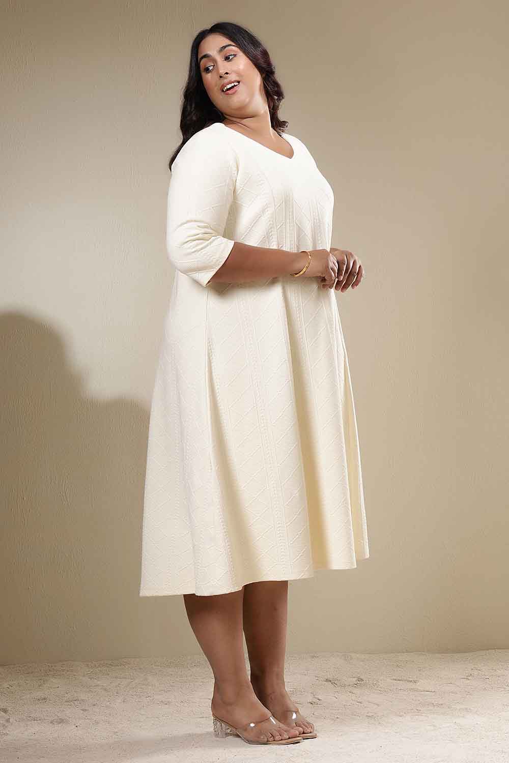 Plus Size Ivory Chunky Knit A-Line Dress for Women