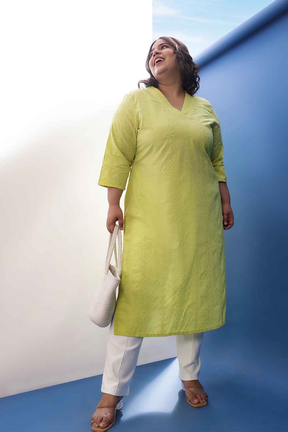 Plus Size Lime Green Cotton Schiffli V Neck Kurta