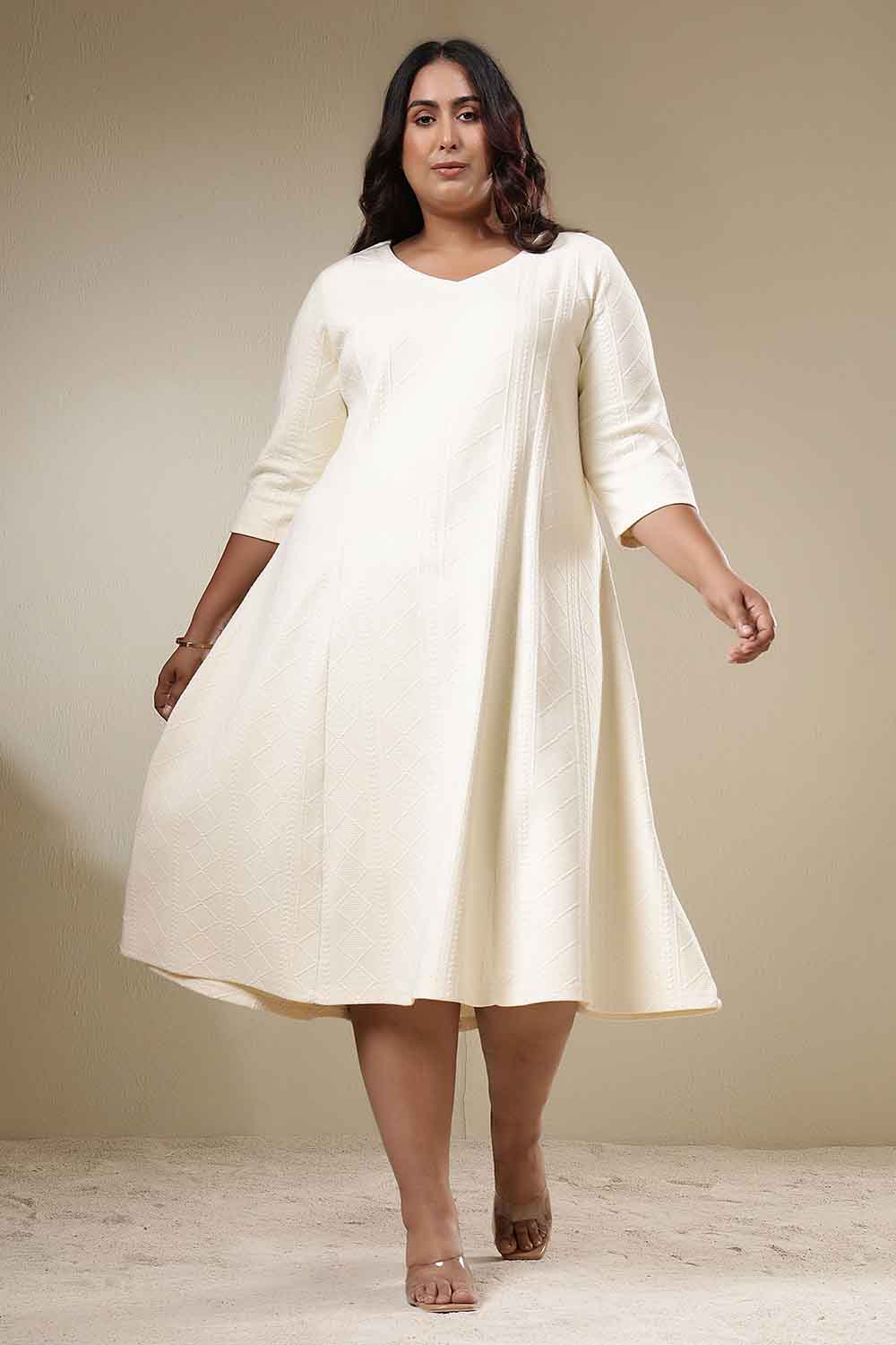 Plus Size Ivory Chunky Knit A-Line Dress For Womens| Amydus